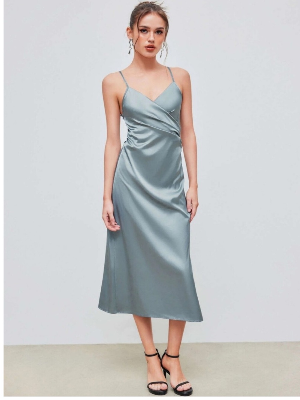 Cider NWT Satin Slip Midi Dress in Slate Silver Women's Elegant V-Neck Size XS